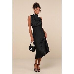 Lulus Distinctive Charm Black Satin Asymmetrical Midi Dress - Size S